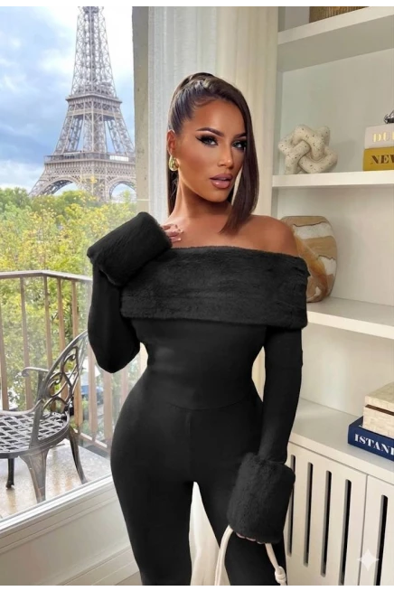 Selanik Kumaş Kürk Detay Maxi Boy Tulum Siyah