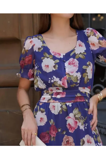 Şifon Astarlı Gipe Detay Mini Elbise Mavi