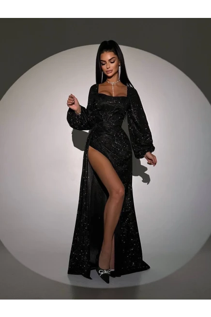 Simli Kumaş Sırt Detay Yırtmaçlı Maxi Boy Elbise