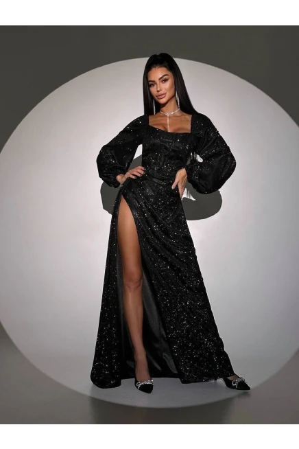 Simli Kumaş Sırt Detay Yırtmaçlı Maxi Boy Elbise