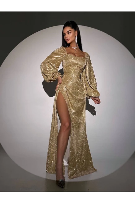 Simli Kumaş Sırt Detay Yırtmaçlı Maxi Boy Elbise