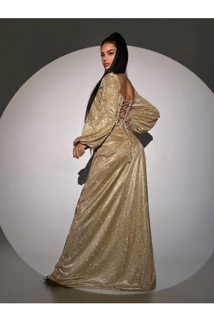 Simli Kumaş Sırt Detay Yırtmaçlı Maxi Boy Elbise