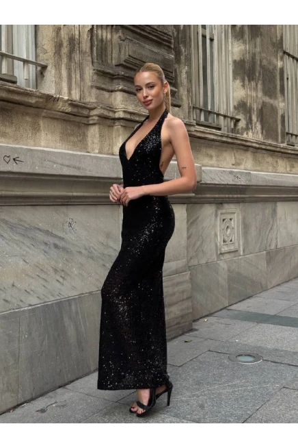 Sırt Dekolte Detay Pullu Elbise Siyah