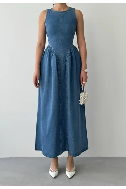 Sırt Dekolte Detaylı Denim Elbise