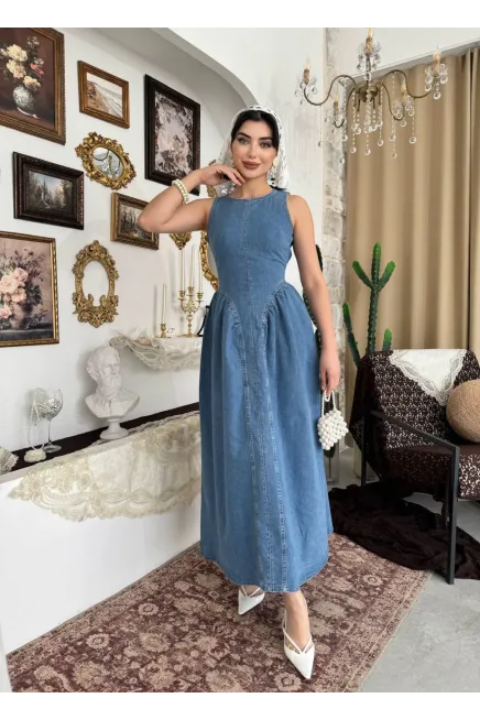 Sırt Dekolte Detaylı Denim Elbise