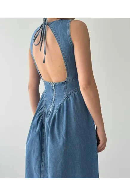 Sırt Dekolte Detaylı Denim Elbise