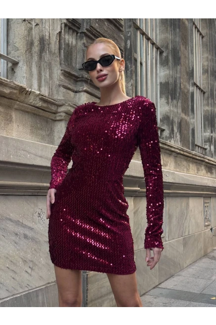 Sırt Dekolteli Payetli Mini Elbise Bordo
