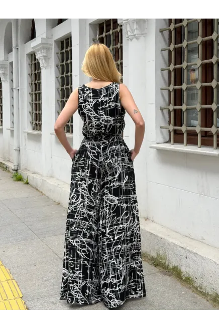 Siyah Çizgi Desenli Tulum