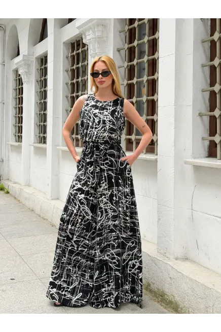 Siyah Çizgi Desenli Tulum