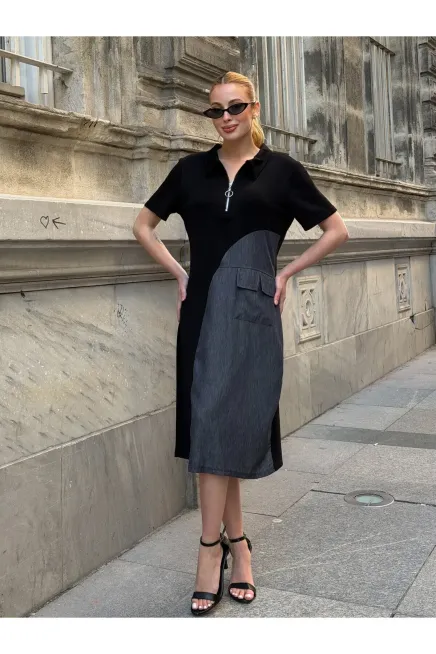 Siyah Fermuar Detay Modal ve Tensel Kumaş Elbise