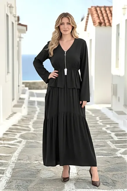 Siyah Göğüs Fermarlı Etekli Takım