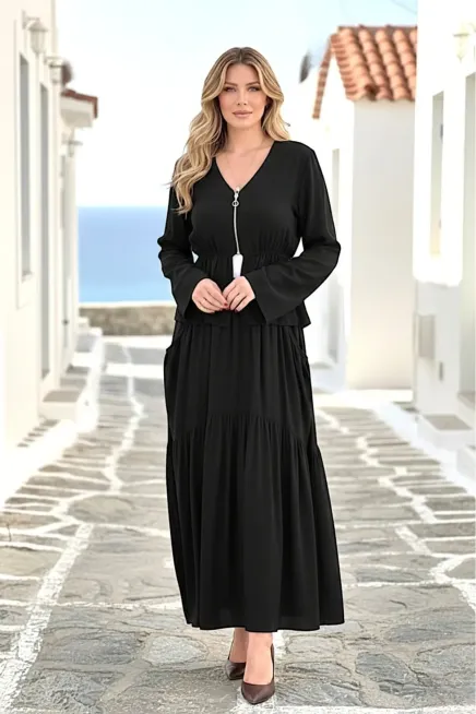 Siyah Göğüs Fermarlı Etekli Takım