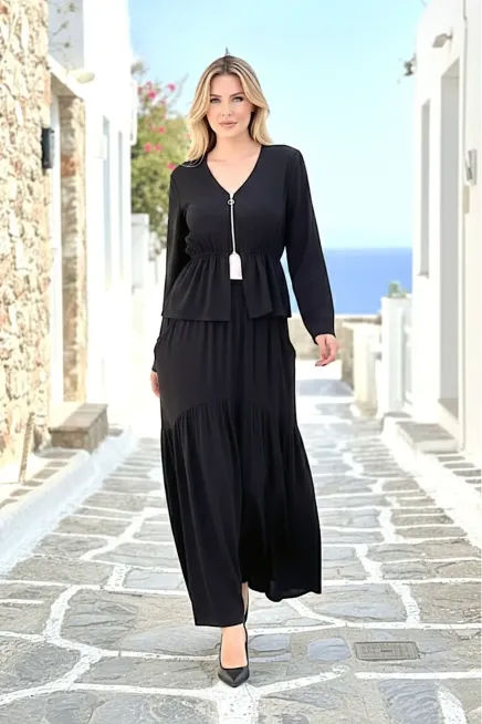 Siyah Göğüs Fermarlı Etekli Takım