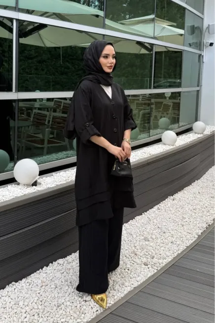 Siyah Keten Gömlek Alt Üst Takım