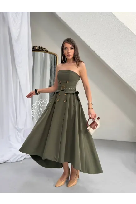 Straplez Bel Kemer Detay Elbise Haki