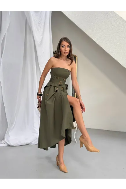 Straplez Bel Kemer Detay Elbise Haki