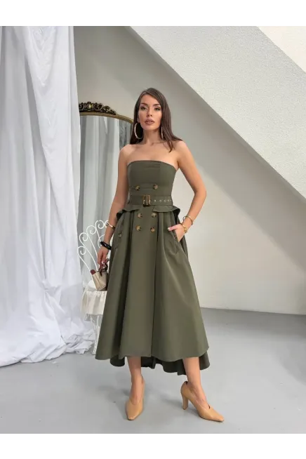 Straplez Bel Kemer Detay Elbise Haki