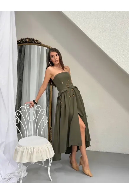 Straplez Bel Kemer Detay Elbise Haki