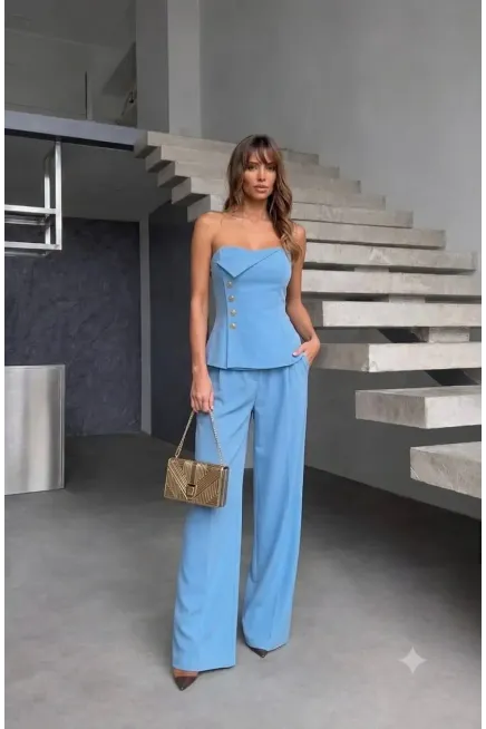 Straplez Bluz ve Pantalon  Alt Üst Takım Mavi