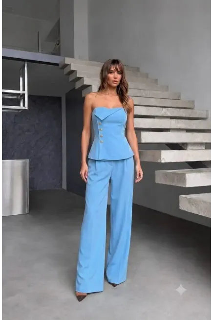 Straplez Bluz ve Pantalon  Alt Üst Takım Mavi