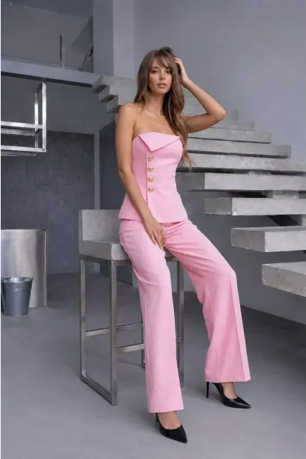 Straplez Bluz ve Pantalon  Alt Üst Takım Pembe