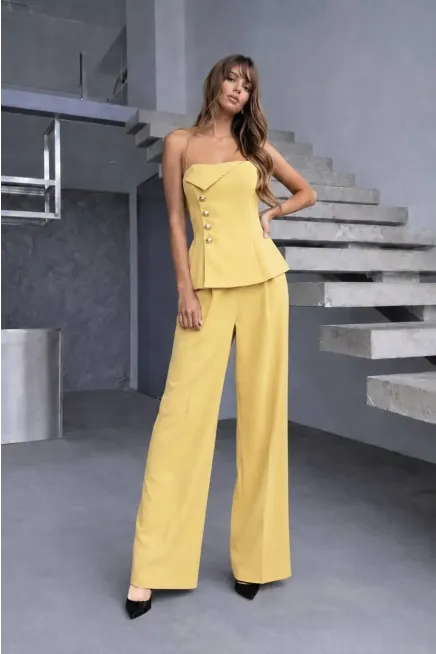Straplez Bluz ve Pantalon  Alt Üst Takım Sarı