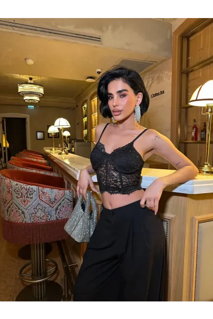 Taş Detay Dantel Crop Büstiyer