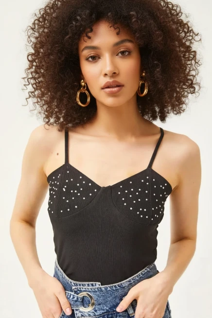 Taş Detaylı Askılı Crop Bluz Siyah
