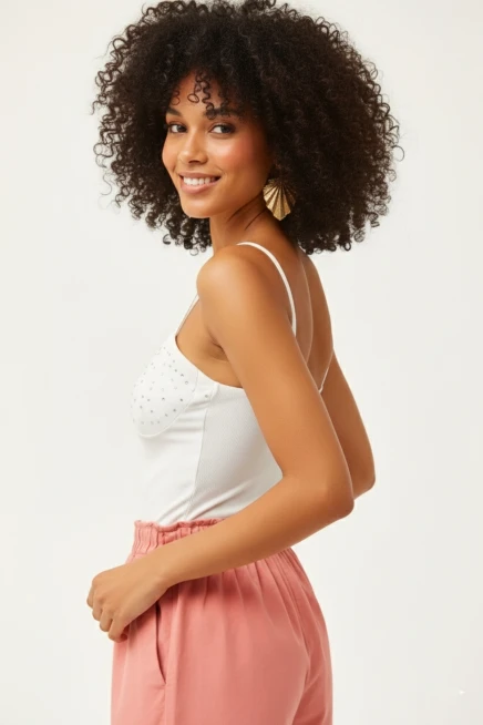 Taş Detaylı Askılı Crop Bluz Beyaz