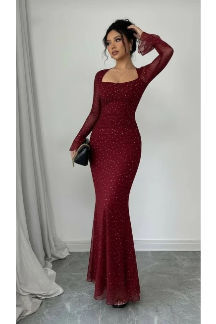 Taş İşleme Full Likralı Maxi Boy Elbise Bordo