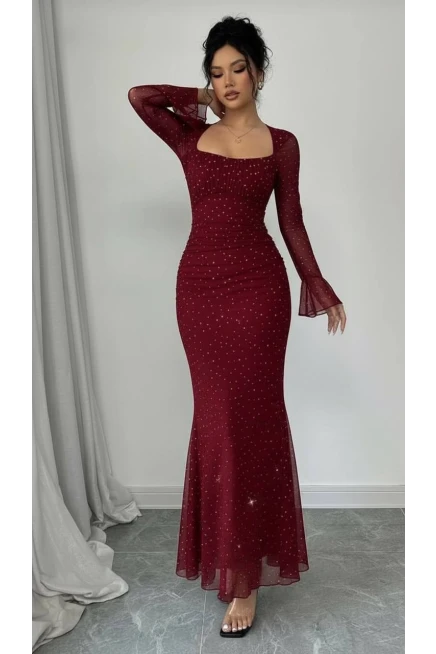 Taş İşleme Full Likralı Maxi Boy Elbise Bordo