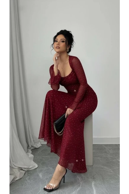 Taş İşleme Full Likralı Maxi Boy Elbise Bordo