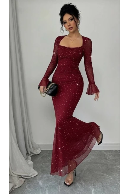 Taş İşleme Full Likralı Maxi Boy Elbise Bordo