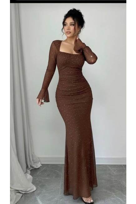 Taş İşleme Full Likralı Maxi Boy Elbise Kahve