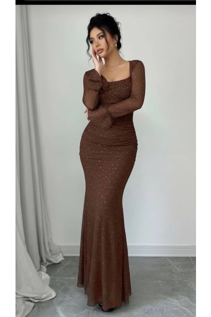 Taş İşleme Full Likralı Maxi Boy Elbise Kahve