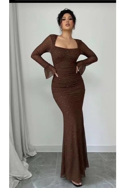 Taş İşleme Full Likralı Maxi Boy Elbise Kahve