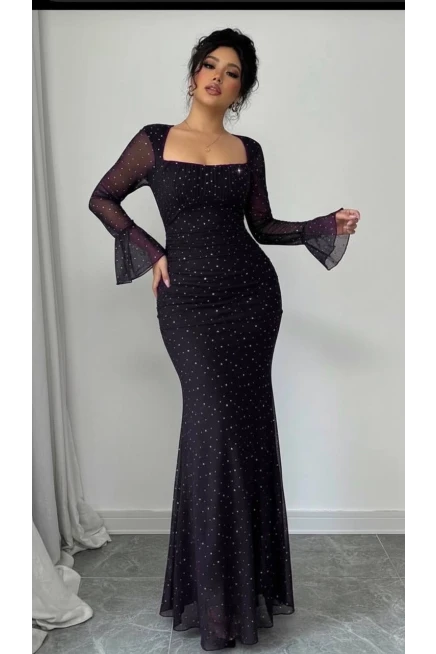 Taş İşleme Full Likralı Maxi Boy Elbise Siyah