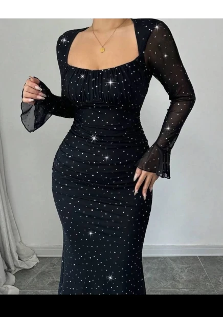 Taş İşleme Full Likralı Maxi Boy Elbise Siyah