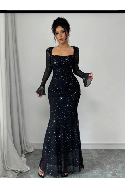 Taş İşleme Full Likralı Maxi Boy Elbise Siyah