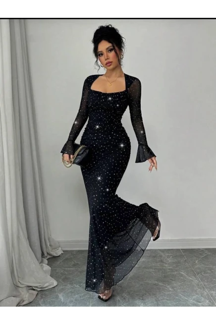 Taş İşleme Full Likralı Maxi Boy Elbise Siyah