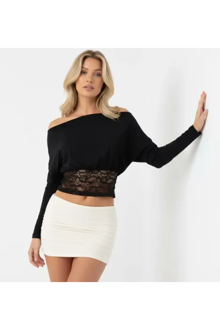 Tek Omuz Dantel Detaylı Siyah Crop Bluz