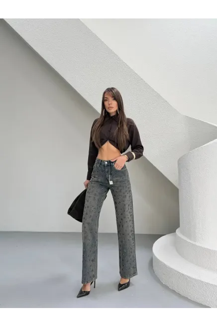 Tik Likra Leopar Taşlı Straightfit Jeans