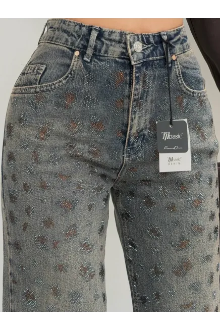 Tik Likra Leopar Taşlı Straightfit Jeans