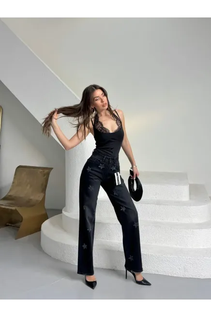 Tik Likra Yıldız Taşlı Straight Fit Jeans