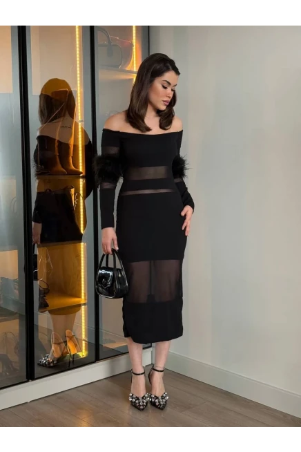 Tüy Detaylı Full Likralı Midi Boy Elbise