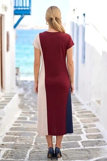 Bordo Şeritli Blok Detay Modal Kumaş Elbise