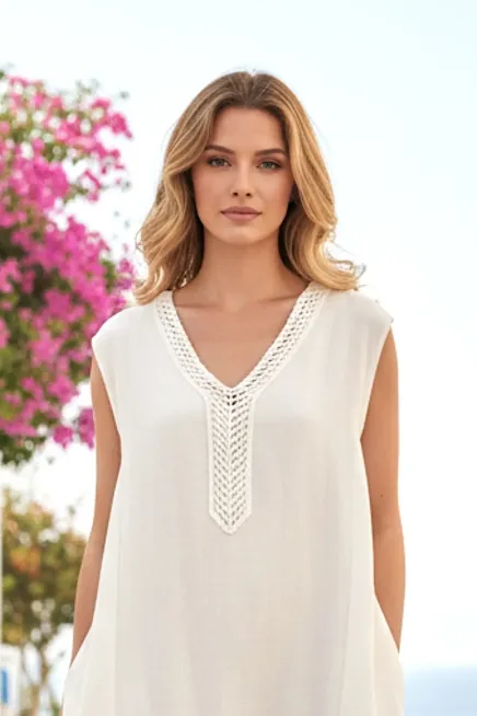 Kadın Dantel Detaylı Keten Elbise