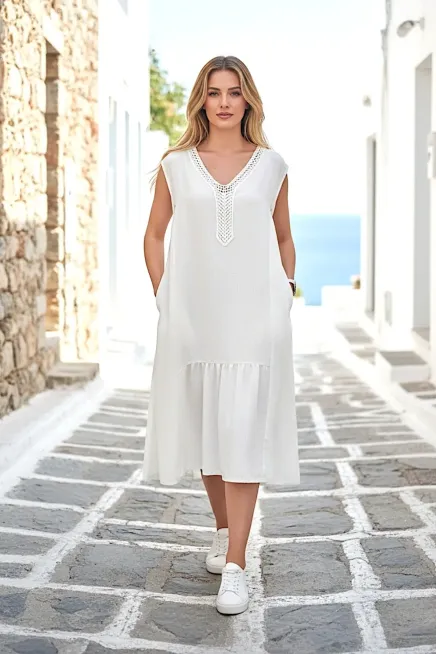 Kadın Dantel Detaylı Keten Elbise