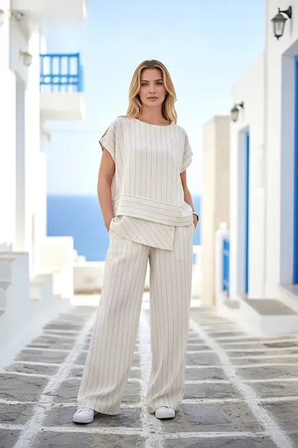 Kadın Siyah Çizgili Keten Takım