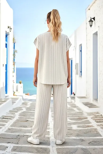 Kadın Siyah Çizgili Keten Takım